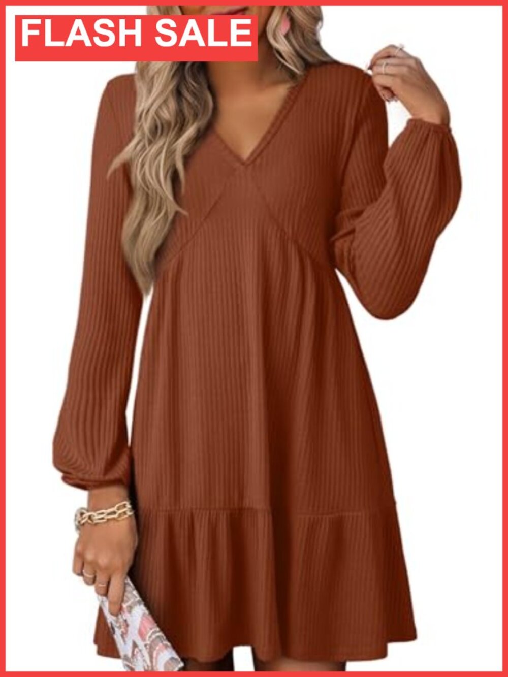 Womens Ribbed Knit Long Sleeve V Neck A Line Swing Mini Dress Casual